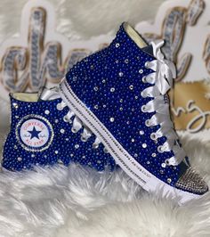 Custom Bling Converse All Star Chuck Taylor Sneakers. All designs handmade and embellished with a variety of high quality crystals. Great for weddings, proms, homecomings, birthdays, special events or just your everyday girly girl. Turn around time is currently 2 - 3 weeks **IF YOU NEED THIS ITEM BEFORE THE PROJECTED SHIPPING TIME YOU MUST CONTACT US BEFORE ORDERING (additional charges may apply) ** Shoe Details: Classic blue high top Converse All Star Chuck Taylor Sneaker (Cloth material style) Xv Shoes, Royal Blue Converse, Bedazzled Converse, Rhinestone Converse, Royal Blue Quince, Quinceanera Shoes, 15 Shoes, Bedazzled Shoes, Bridal Sneakers