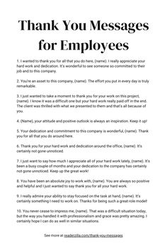 Thank You Messages for Employees Printable Positive Culture At Work, Thank You Employee, 1:1 Meetings With Employees, Employee Recognition Quotes, Employee Appreciation Quotes, Recognition Quotes, Out Of Office Message, Motivate Employees