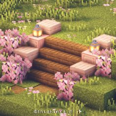 an image of a video game scene with pink flowers in the foreground and blocks on the ground