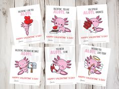 four valentine's day cards with pink cartoon animals on them, one is holding a heart and the other has an i love you