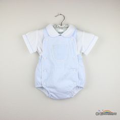 Baby Outfit - Striped Blue cotton Blend Romper and White Shirt with matching trimmed Classic Collared Sets For Spring, Classic Spring Sets With Collared Shape, Blue Collared Fitted Sets, Blue Fitted Collared Set, White Collared Cotton Sets, White Cotton Collared Sets, Classic Cotton Set For Spring, Classic Cotton Sets For Summer, Classic Cotton Summer Sets