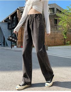 Loose Wide Leg Vintage Long Jeans Pants – Tomscloth Casual High Rise Gray Bottoms, Baggy High-rise Solid Bottoms, Gray Baggy Straight Leg Bottoms, Gray High Rise Baggy Pants, Solid Color High Rise Baggy Bottoms, Non-stretch Straight Leg Gray Bottoms, Gray Non-stretch Straight Leg Bottoms, Long Pants Fashion, Korean Jeans