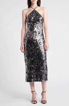 Sparkling sequins dazzle an elegant cocktail dress designed with a halter-inspired neckline and classy cutaway shoulders. 47 1/2" length (size 8) V-neck Sleeveless, with cutaway shoulders Lined 100% polyester Dry clean Imported Moonlight Masquerade, Cocktail Dress Nordstrom, Silver Cocktail Dress, Elegant Cocktail Dress, Sequin Cocktail Dress, Fabric Gifts, Nordstrom Store, Free Fabric, Nordstrom Dresses