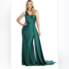 Formal Dress With Gray Stretch. (Medium) 95% Polyester 5% Spandex Green Stretch Elastane Dress, Formal Green Elastane Dresses, Green Elastane Dress For Night Out, Fitted Green Evening Dress With Asymmetrical Neckline, Green Fitted Evening Dress With Asymmetrical Neckline, Fitted Green Maxi Dress With Asymmetrical Neckline, Dress First, Formal Dress, Beautiful Dresses