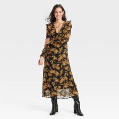 Women's Long Sleeve Sheer Maxi Dress - A New Day™ Black/Brown Floral M Chic Flowy Maxi Dress For Fall, Flowy Fall Maxi Dress For Date Night, Flowy Maxi Dress For Fall Date Night, Flowy Maxi Dress For Casual Fall Events, Fall Floral Print Maxi Dress For Daywear, Floral Print Maxi Dress For Fall Daywear, Chic Maxi Dress For Daywear In Fall, Fall Daywear V-neck Maxi Dress, Fall V-neck Maxi Dress For Daywear