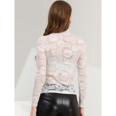 The floral lace brings elegant romance to a semi-sheer blouse. Long sleeves with mesh lace design are great highlights, full of a sense of detail and design. The mock neck and see-through design instantly elevate this lace blouse and make it a sophisticated choice for day or night. Casual and elegant, this blouse is styled with soft lace fabric. A mock neck and floral lace add ebullient charm to this casual sheer top. This casual and elegant blouse, designed with a stand collar and floral design Fitted Lace Mesh Top With Lace Trim, Party Mesh Top With Lace Trim, Sheer Stretch Lace Top, Chic Sheer Lace Mesh Top, Sheer Lace Top For Parties, Sheer Lace Top For Party, White Tops With Lace Collar, Fall White Lace Top, Sheer Lace Mesh Top For Fall