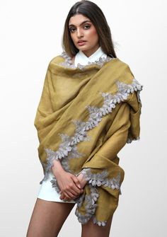 This wispy mustard scarf, woven from a linen and modal blend, features a contrasting mousse bold scalloped edging lace border. A chic and fashionable add-on to any casual outfit. Scarves Design, Lace Scarves, Spring Collection Fashion, Mustard Scarf, Copper Lace, Beaded Scarf, Lace Scarf, Designer Scarves, Summer Scarves