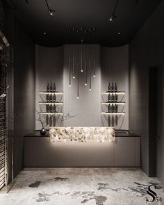 a room with several shelves filled with wine bottles and vases hanging from the ceiling