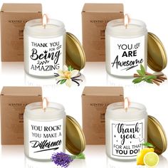 four candles with thank you for being amazing written on them and surrounded by other items