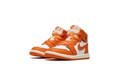 The Air Jordan 1 High OG TD “Starfish” is the toddler sizing of Michael Jordan’s first signature shoe in a colorway with autumn-inspired orange overlays.  This clean, wearable look for the Air Jordan 1 High OG model dubbed the “Starfish” features a white leather base with Starfish-colored leather overlays and Swoosh branding.  A brown “Wings” logo can be found on the collar.  A cream nylon tongue with orange laces adds visual interest to the upper.  Underfoot, a white rubber midsole and Starfish Autumn Inspired, Jordan 1 High Og, Wings Logo, Air Jordan 1 Retro High Og, Air Jordan 1 Retro High, October 27, Air Jordan 1 High, Kids Jordans, Jordan 1 High