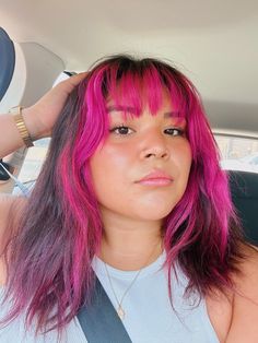 Mid Length Dyed Hair, Pink Peekaboo Hair With Bangs, Vivid Bangs, Pink Dye Hair, Pink Bangs Brown Hair, Dyed Bangs Short Hair, Pink Hair And Brown, Pink Money Piece Hair, Pink Peekaboo Hair