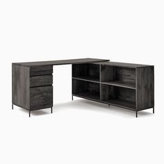 an office desk with two open shelves on each side