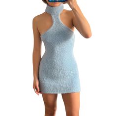 Pale Baby Blue Fuzzy Mohair Textured Mini Dress By Gcds. Size Small. Plastic Back Chain That Spells Gcds. Back Chain, Baby Blue, Halter Dress, Colorful Dresses, Blue White, Blue And White, Mini Dress, Womens Dresses, Chain