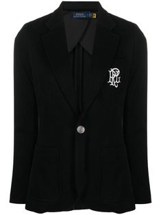 logo-embroidered single-breasted blazer from POLO RALPH LAUREN featuring black, embroidered logo at the chest, front button fastening, two side patch pockets and partial lining. Ralph Lauren Blazer, Single Breasted Blazer, Reversible Jacket, Breasted Blazer, Black Blazers, Logo Embroidered, Single Breasted, Patch Pocket, Polo Ralph