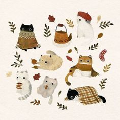 an image of animals that are in the middle of leaves and plants on paper with watercolors