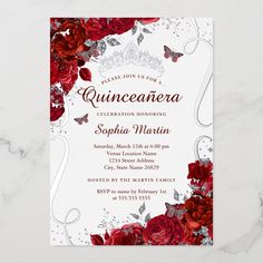 an elegant quinceauera birthday party with red roses and butterflies on the front