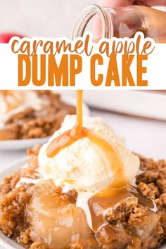 caramel apple dump cake on a white plate with ice cream and caramel drizzle