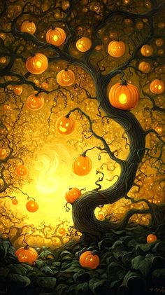 a painting of pumpkins on a tree with the sun shining in the sky behind it