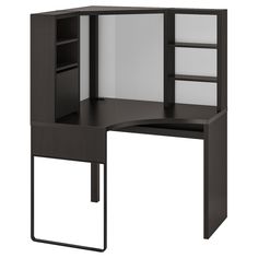 the corner desk has an open shelf on one side