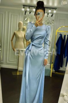 Long Sleeved Silk Dress, Fancy Modest Dresses, Modest Birthday Dress, Silk Modest Dress, Long Baby Blue Dress, Modest Outfits Dresses, Silky Blue Dress, Light Blue Silk Dress, Light Blue Long Sleeve Dress