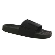 Product Description: This slip-on sandal is great for any man. It features a genuine leather upper with visible handcrafted stitch, providing a rugged feel to a casual, comfortable shoe. The cushioned insole contours to the curves of the foot, while the shock-absorbing sole adds durability and lasting support for all-day wear. Heel Height: 1.25". Product Details: Stretch Gore: Flexible gore stretches and secures your foot with your everyday movement. Supersoft® Microfiber Upper Lining: This ligh Black Cushioned Slip-ons For Summer, Slip-on Open Toe Sandals With Stitched Sole, Black Open Toe Slip-ons, Comfortable Open Toe Slip-ons With Leather Footbed, Cushioned Slip-on Flat Slides, Synthetic Slide Slippers With Textured Sole, Synthetic Slip-on Slide Slippers, Comfortable Open Toe Slippers With Textured Sole, Synthetic Open Toe Slides With Rubber Sole