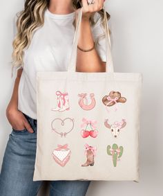 a woman holding a tote bag with various items on it