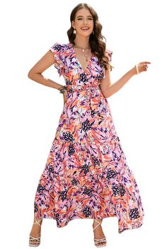 Multicolor Sleeveless Ruffled Lace-up High Waist Floral Maxi Dress Multicolor Ruffled Maxi Dress, Multicolor Ruffle Hem Maxi Dress For Summer, Summer Multicolor Maxi Dress With Ruffle Hem, Summer Multicolor Ruffle Hem Maxi Dress, Multicolor Maxi Dress With Ruffle Hem For Summer, Multicolor Ruffled Maxi Dress For Summer, Multicolor Sleeveless Dress With Ruffles, Multicolor Ruffled Sundress Sleeveless, Multicolor Ruffled Sleeveless Sundress