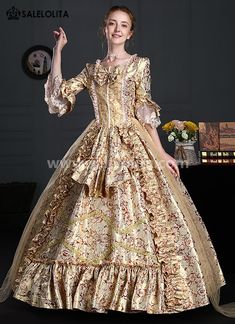 Renaissance Rococo Baroque Marie Antoinette Gown Victorian Dress     Condition: Brand New   Color:  Gold Floral   Material: This Rococo Marie Antoinette Gown is made of  High Quality Thick Brocade, soft and comfortable to wear   Sleeve Length: Half Sleeve   Dresses Length:Floor-Length   Neckline: Square Collar   Decoration: Ruffles + Lace + Bow   Style: This dress is perfect for civil war,victorian,medieval,regency,renaissance, wedding, cosplay, themed party, photograph, stage performa Masquerade Party Dresses, Gown Victorian, Rococo Baroque, Victorian Dresses, 18th Century Costume, Period Dress, Historical Women, Bow Style, Party Dresses Online