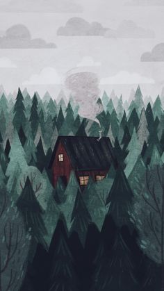 a painting of a cabin in the middle of a forest