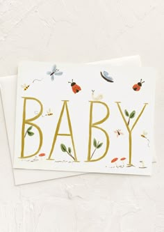 A greeting card with small cute bug print reading BABY in large text. New Baby Watercolor Card, Watercolour Baby Card, Baby Shower Watercolor Card, Baby Watercolor Card, Watercolour Crafts, Watercolor Baby Cards, New Baby Cards Handmade, Baby Shower Painting, Baby Shower Card Ideas