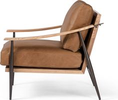 a brown leather chair with wooden armrests