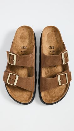 Find BIRKENSTOCK Arizona Chunky Sandals on Editorialist. Upper: Cowhide suede. Soft cork footbed. Buckle straps. EVA sole. Made in Portugal. This item cannot be gift-boxed. Measurements: Heel: 1.75in / 45mm Platform: 1.25in / 30mm Suede Footbed Sandals With Suede Lining For Summer, Summer Suede Footbed Sandals With Suede Lining, Brown Double Strap Footbed Sandals With Textured Footbed, Brown Leather Footbed Sandals With Suede Lining, Brown Double Strap Textured Footbed Sandals, Brown Footbed Sandals With Buckle Closure, Brown Suede Double Strap Footbed Sandals, Brown Flat Heel Footbed Sandals With Buckle Closure, Brown Open Toe Footbed Sandals With Suede Lining