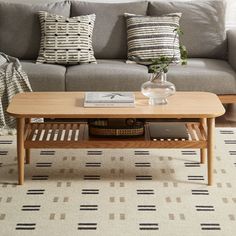 a living room with a couch, coffee table and pillows on the carpeted floor