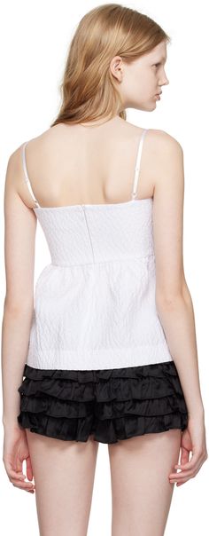 Paneled cotton-blend matelassé camisole. · Lace trim at sweetheart neckline · Gathering at front · Adjustable spaghetti straps with bow detailing · Cutout at sides and back · Zip closure at back · Partial matelassé lining Supplier color: White White Spaghetti Strap Top, Shushu Tong, White Spaghetti Strap, White Bow, Strap Tops, Cami Tanks, White Shop, White Tops, Sweetheart Neckline