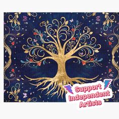 an image of a tree with the words support independent artists in gold and blue colors