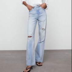 High Rise - Wide Leg - Full Length, Zw Signature Denim Jeans, High-Waisted Jeans With Five Pockets And Wide Full Length Legs Zara Straight Leg Ripped Bottoms, Zara Ripped Straight Leg Jeans, Zara Casual Flare Jeans For Spring, Zara Casual Spring Flare Jeans, Zara Ripped Light Wash Jeans, Zara Stretch Straight Leg Jeans, Zara High Rise Casual Flare Jeans, Zara High Rise Stretch Jeans, Zara High Rise Flare Jeans Casual Style