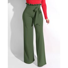 Army Green Ruffle Hem Straight Leg Casual Pants Chic Green Ruffled Bottoms, Chic Green Bottoms With Ruffles, Chic Ruffled Pants For Workwear, Elegant Green Ruffled Bottoms, Green High-waist Ruffled Bottoms, High-waist Green Ruffled Bottoms, Chic Ruffled Solid Color Bottoms, Chic Solid Bottoms With Ruffles, Fall Workwear Pants With Ruffles