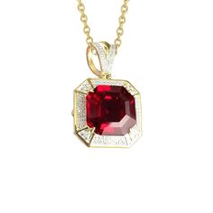 METAL SPECIFICATIONS Metal Name: Yellow Gold 14K STONE SPECIFICATIONS Stone Name: RUBY/DIAMOND Stone Cut : Asscher cut & Round Stone Specifications: There is one asscher cut ruby in the center of approx. 5.00 carats (Approx. Size 8.3 x 8.6 mm) & approx. 0.40 carats smaller diamonds on the side. Natural earth mined stones. Total Stone Weight : approx. 5.40 carats Color : Red/F Clarity : AAA/VVS1 APPRAISAL Appraised Value : $13750.00 Comes with a FREE APPRAISAL Comes with 16" chain (can do Luxury Ruby Necklace With Brilliant Cut, White Gold Ruby Necklace With Diamond Cut, Luxury Gia Certified Diamond Necklace As Gift, Luxury Gia Certified Diamond Necklace Gift, Dazzling Gia Certified Ruby Jewelry, Emerald Cut Ruby Jewelry With Diamond Accents, Ruby Jewelry With Diamond Accents, Emerald Cut, Dazzling Gia-certified Ruby Jewelry, Fine Jewelry Red Ruby Necklace