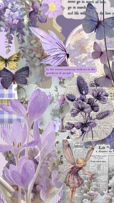 a collage with purple flowers and butterflies