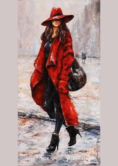 a painting of a woman walking in the snow with a red coat and hat on