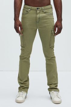 Available In Olive. Stacked Skinny Flare Fit 5 Pocket Detail 98% Cotton 2% Elastane Disclaimer: Due To The Specialized Distressing & Wash Process, Each Garment Is Unique. Zip Fly Button Closure Cargo Pockets Back Ankle Zipper Imported | Mens We On Cargo Stacked Skinny Zipper Flare Pants in Olive Green size 38 by Fashion Nova Fitted Khaki Jeans With Cargo Pockets, Fitted Khaki Cargo Jeans, Fitted Khaki Jeans, Fitted Full-length Khaki Jeans, Fitted Full Length Khaki Jeans, Slim Fit Straight Leg Pants With Zipper Closure, Trendy Slim Fit Bottoms With Zip Fly, Casual Fitted Pants With Zipper Closure, Fitted Casual Pants With Zipper Closure