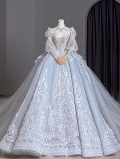 White And Blue Ball Gown, Moon Themed Ball Gown, Pretty Royal Dresses, Royalty Dresses Queens, Blue Ball Gowns Royal, Ice Dress Aesthetic, Princess Wedding Ball Gown With Sweep Train, Wedding Princess Dress With Sweetheart Neckline, Wedding Princess Dress With Sweetheart Neckline In Tulle