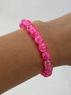 Chlid size bracelet, Pink plastic beads, with elastic band. Party Stretch Bracelet With Large Beads, Trendy Pink Stretch Bracelet With Faceted Beads, Pink Stretch Bracelet With Round Beads For Party, Trendy Plastic Beaded Bracelets For Party, Adjustable Casual Crystal Bracelet For Parties, Pink Hand-strung Bangle Stretch Bracelet, Colorful Plastic Beaded Bracelets As Gift, Plastic Beaded Bracelets Perfect For Gifts, Casual Beaded Crystal Bracelet For Party