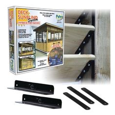 the deck and sun blind kit includes three pieces of wood, two brackets and one piece of metal