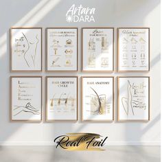 a set of six gold foil art prints on a white wall with the words, ariara and dara above them