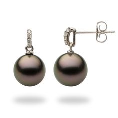 14K white gold dangle earrings Two semi-round Tahitian Pearls, 9-10mm Variety of natural colors (black, green, grey and peacock) Faceted round Diamonds totaling .044 total carat weight Due to their nature, no two pearls are alike. Pearls will vary in color, shape and overtone. Dimples, birthmarks, surface imperfections may be present and speak to their nature making each pearl unique. Pearl Jewelery, Black Pearl Jewelry, Tahitian Pearls Jewelry, Classic Pearl Earrings, Tahitian Pearl Earrings, Black Pearl Earrings, Black Pearls, Hawaiian Jewelry, Tahitian Black Pearls