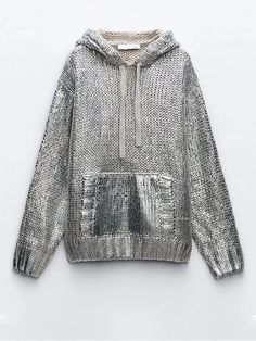 Metallic Silver Knitted Rib Women'S Sweater Hoodie Drawstring Long Sleeve Solid | eBay Elegant Sweatshirt, Pullover Mode, Streetwear Fits, Knitted Hood, Winter Hoodies, Women Sleeve, Casual Sweaters, Textured Knit, Hooded Sweater