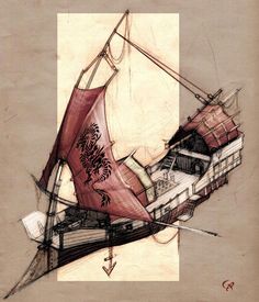 an artistic drawing of a boat on the water