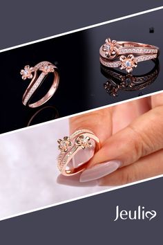 Lively and exquisite,this ring will be an eye-catcher everywhere. Crafted in beautiful rose gold tone silver,set with brilliant round stones,with the two delicate flowers on the swirl-shape shank,the ring will show an elegant and unique look on your left hand. Never miss it. #Jeulia #EngagementRing #WeddingRing #Ring #JeuliaJewelry Fine Jewelry Flower Shaped Rose Gold Rings, Rose Gold Flower-shaped Promise Ring, Rose Gold Flower Shaped Fine Rings, Adjustable Rose Design Rose Gold Ring, Adjustable Rose Gold Flower Ring For Anniversary, Elegant Adjustable Rose-colored Ring, Elegant Promise Jewelry With Rose Design, Elegant Adjustable Flower Ring For Anniversary, Rose Gold Flower Ring For Promise