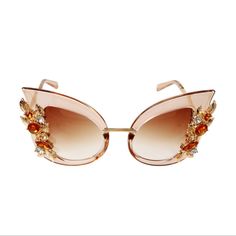 These Brown Vintage-Ish Cat Eye Sunglasses Are Embellished With Gold Leaves And Colored Rhinestone Edge Detail. *Firm Price* Gold Cat Eye Sunglasses For Summer, Elegant Gold Cat Eye Sunglasses With Glass Material, Elegant Gold Cat Eye Sunglasses With Glass Lenses, Elegant Cat Eye Sunglasses With Glass For Summer, Glamorous Rhinestone Sunglasses For Summer, Glamorous Glass Sunglasses For Summer, Glamorous Gold Sunglasses For Summer, Party Cat Eye Sunglasses With Rhinestones, Gold Cat Eye Party Sunglasses With Glass Lenses